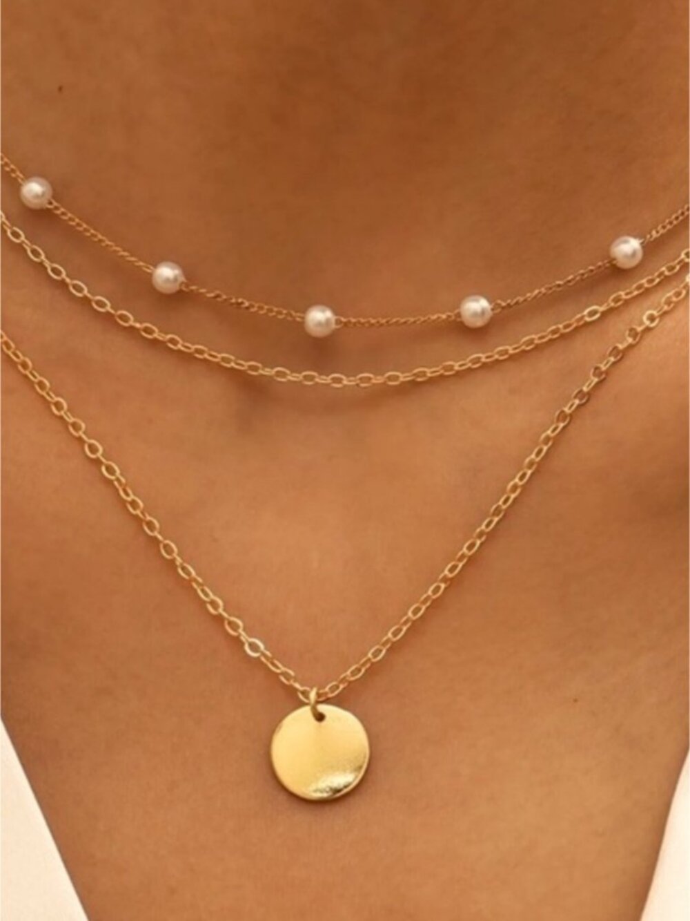 Minimalist Pearl Gold Pendant Layered Necklace